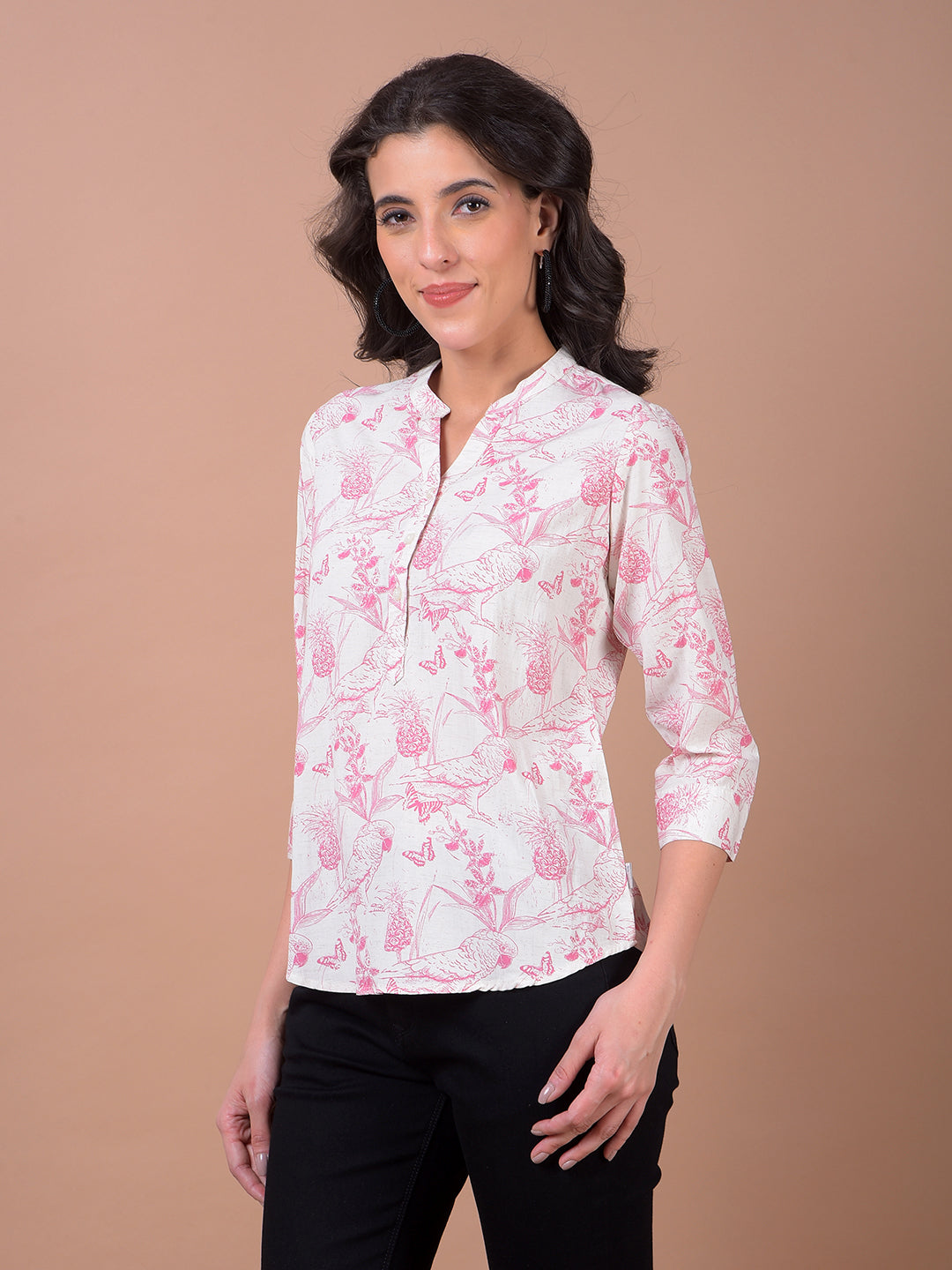 Pink Floral Print V-Neck Linen Top