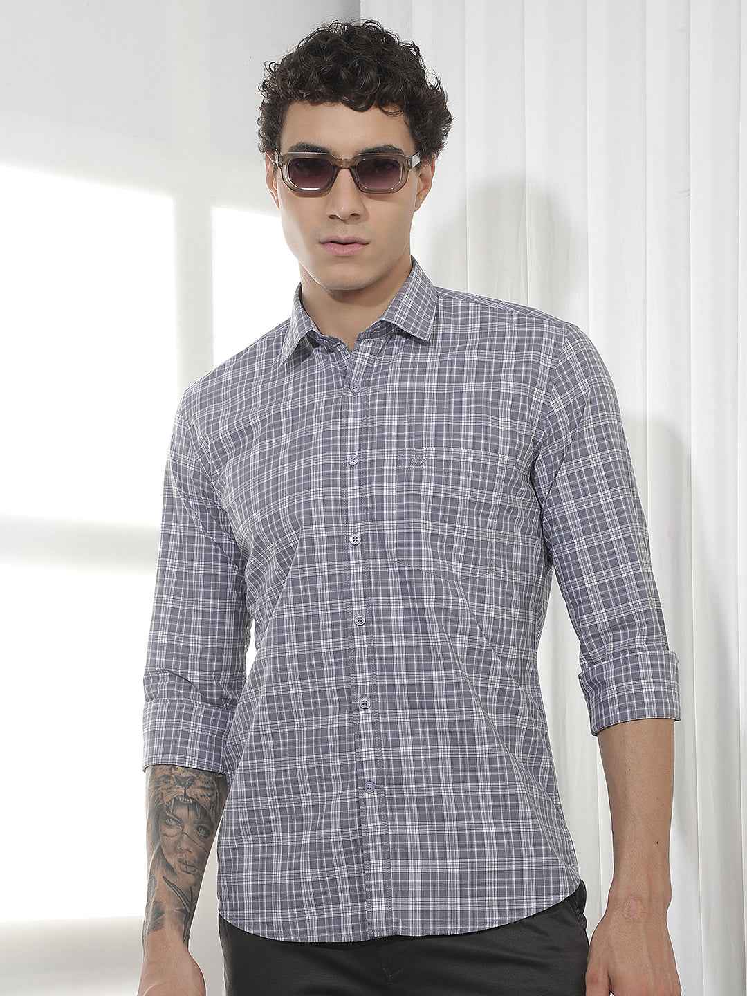 Purple Checked 100% Cotton Shirt