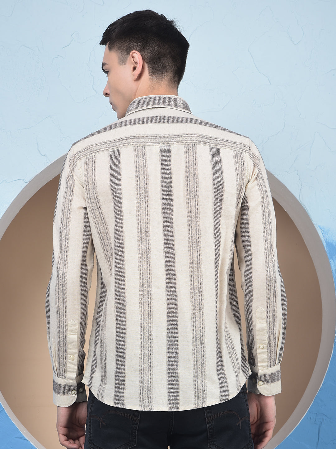 Beige Vertical Stripes Linen Straight Kurta