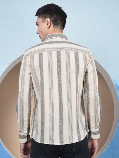 Beige Vertical Stripes Linen Straight Kurta