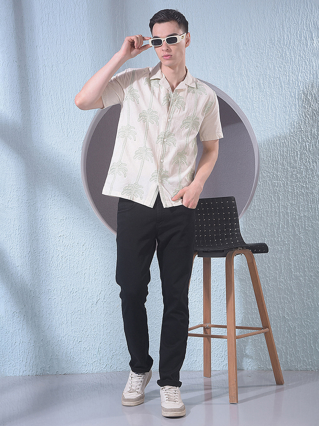 Beige Embroidered Resort-Collar Linen Shirt