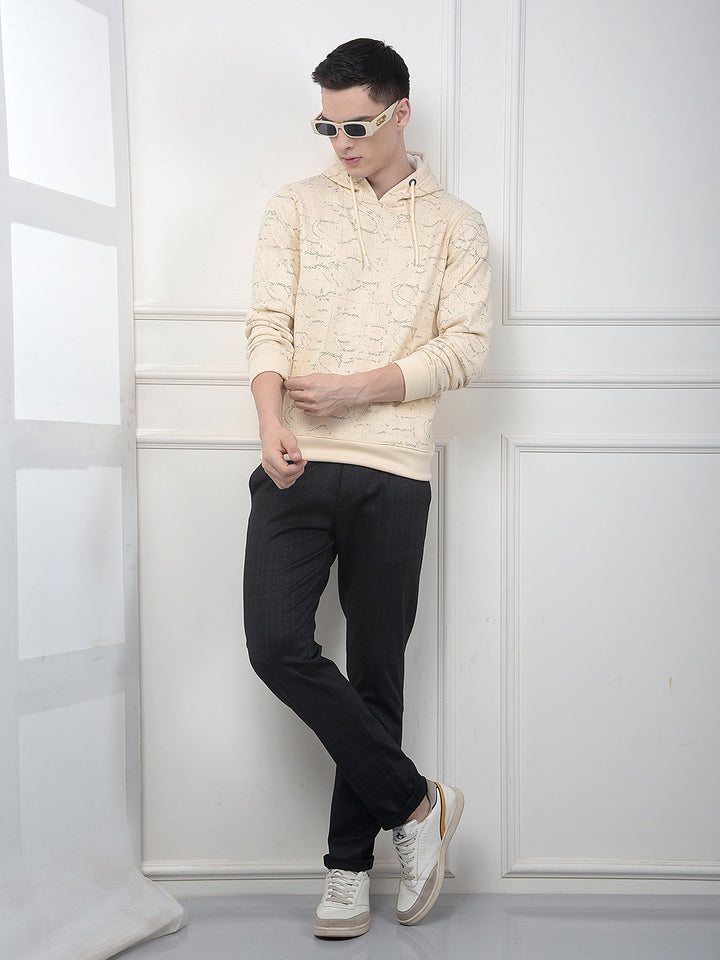 Cream Printed Hooded Neck Sweatshirt