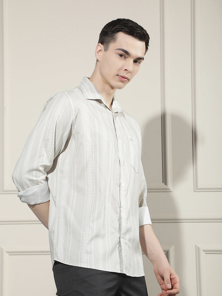 Beige Vertical Striped 100% Cotton Shirt