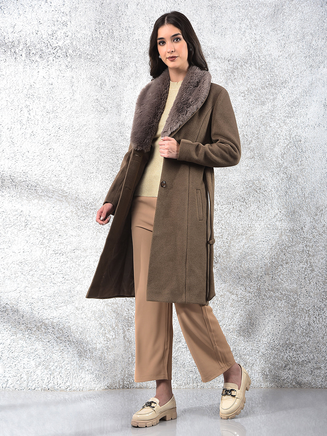 Brown Notched Lapel Overcoat With Belt