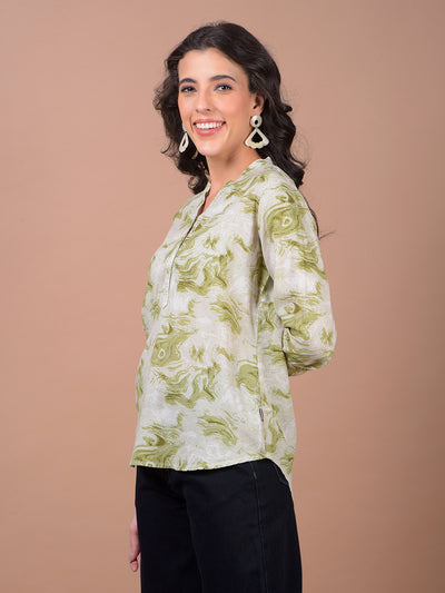 Green Printed V-Neck Linen Top