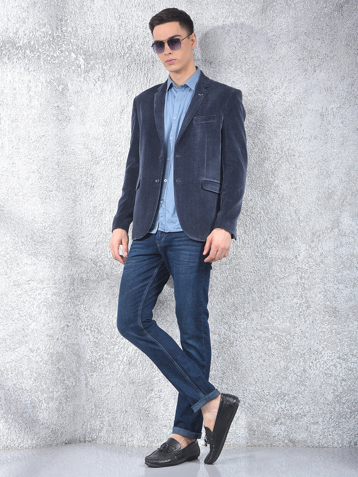 Blue Single-Breasted Velvet Blazer