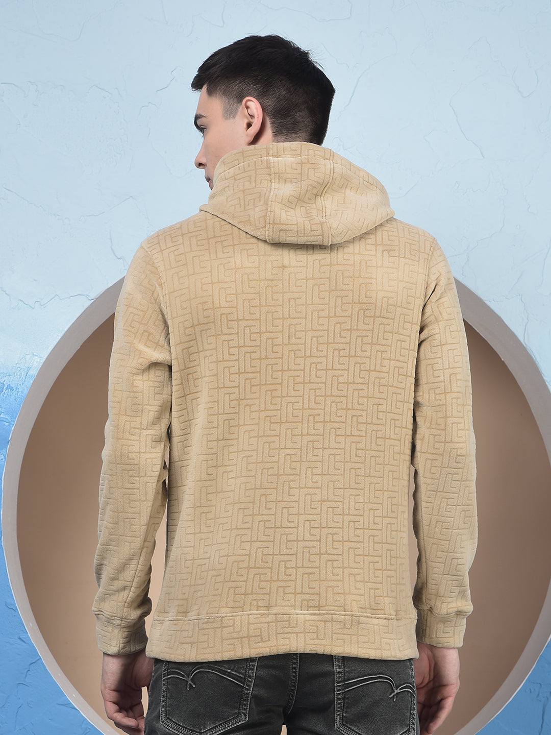 Beige Jacquard Hooded Neck Sweatshirt
