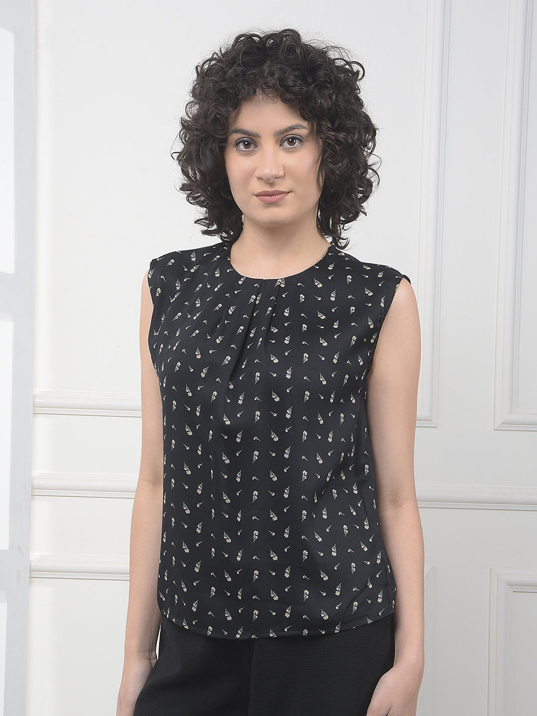 Black Floral Print Sleeveless Modal Top