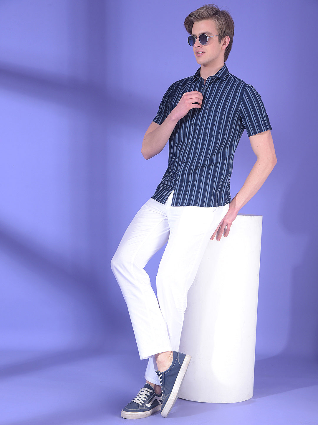 Navy Blue Vertical Stripes 100% Cotton Shirt
