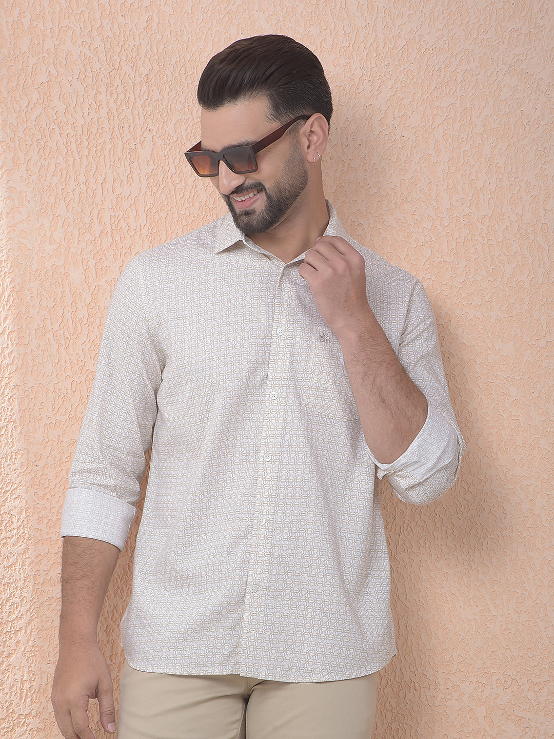 Beige Printed Modal Shirt