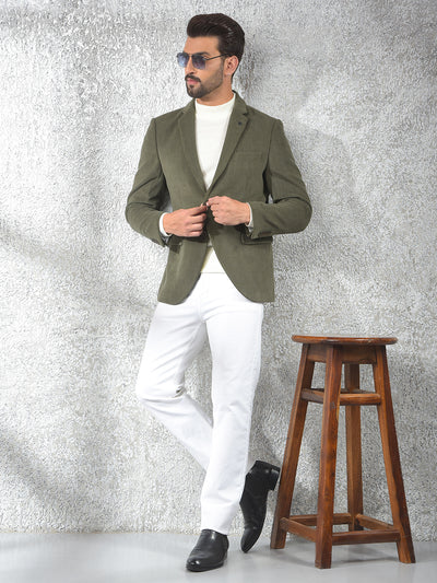 Olive Jacquard Notched Lapel Single-Breasted Blazer