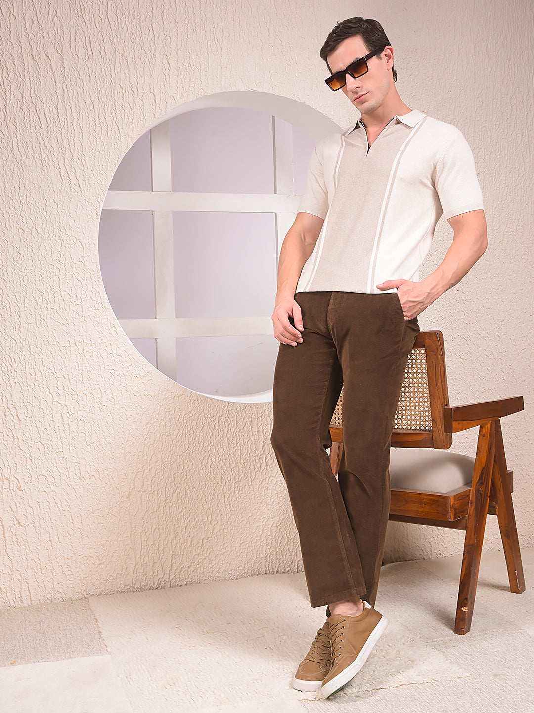 Beige Vertical Stripes Polo Neck T-Shirt