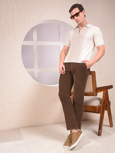 Beige Vertical Stripes Polo Neck T-Shirt