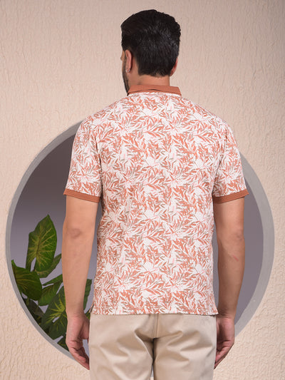 Orange Floral Print Polo Neck T-Shirt