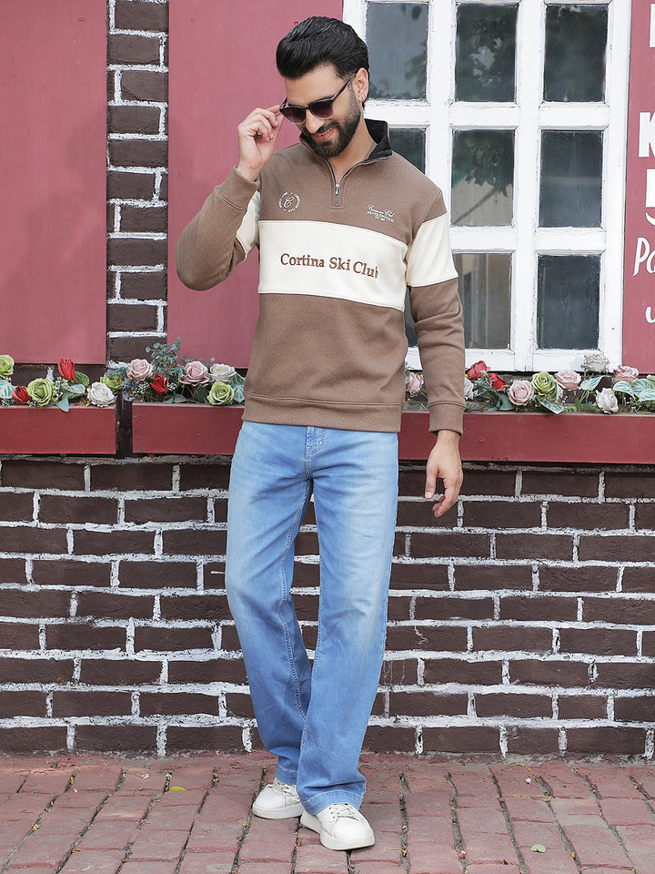 Brown Color-Block High Neck Sweatshirt