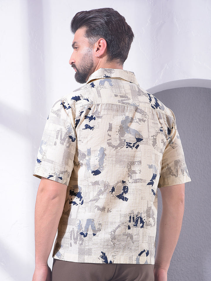 Blue Typographic Print Resort-Collar Linen Shirt