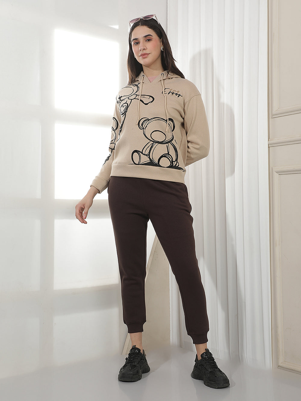 Beige Graphic Print Hooded Sweatshirt