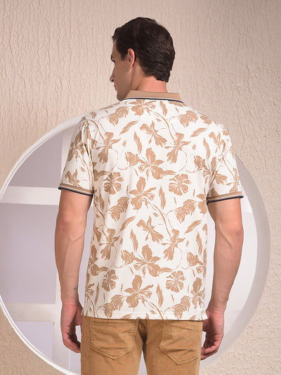 Beige Floral Print Polo Neck T-Shirt