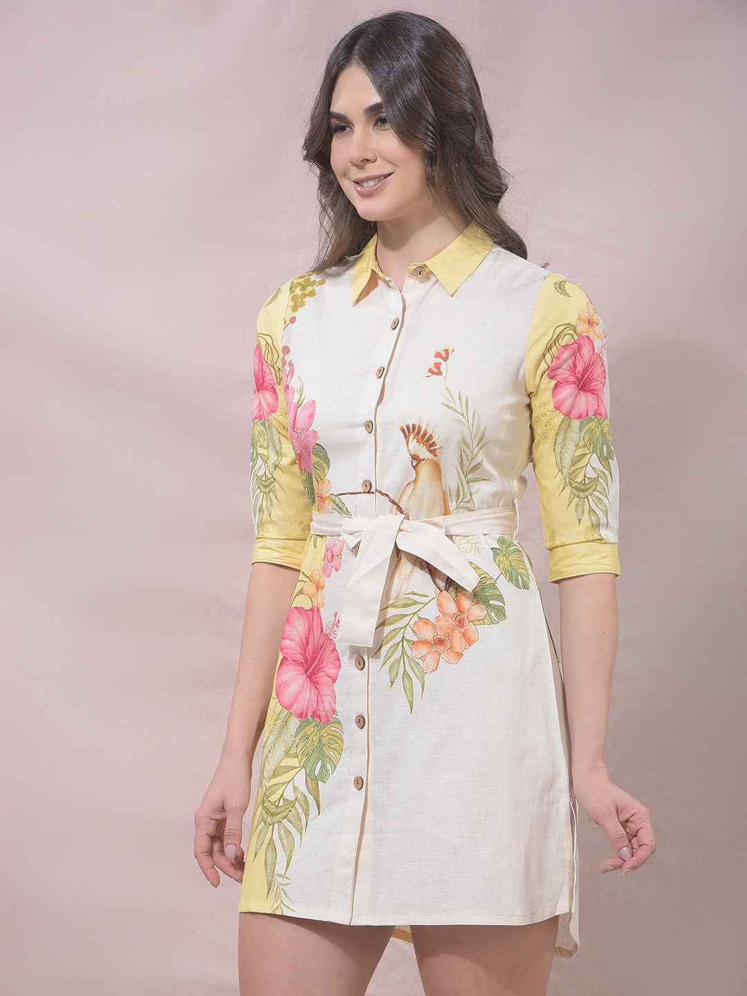 Yellow Floral Print Linen Shirt Dress With Belt