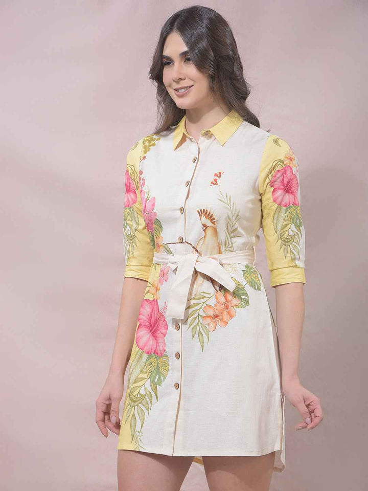 Yellow Floral Print Linen Shirt Dress With Belt