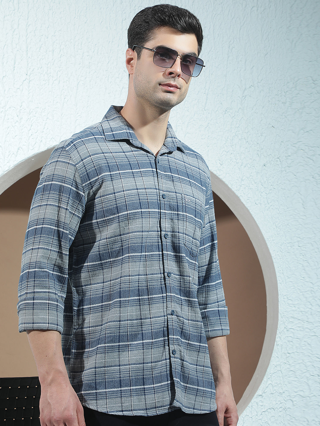 Teal Blue 100% Cotton Checked Shirt