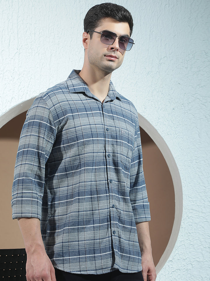 Teal Blue 100% Cotton Checked Shirt