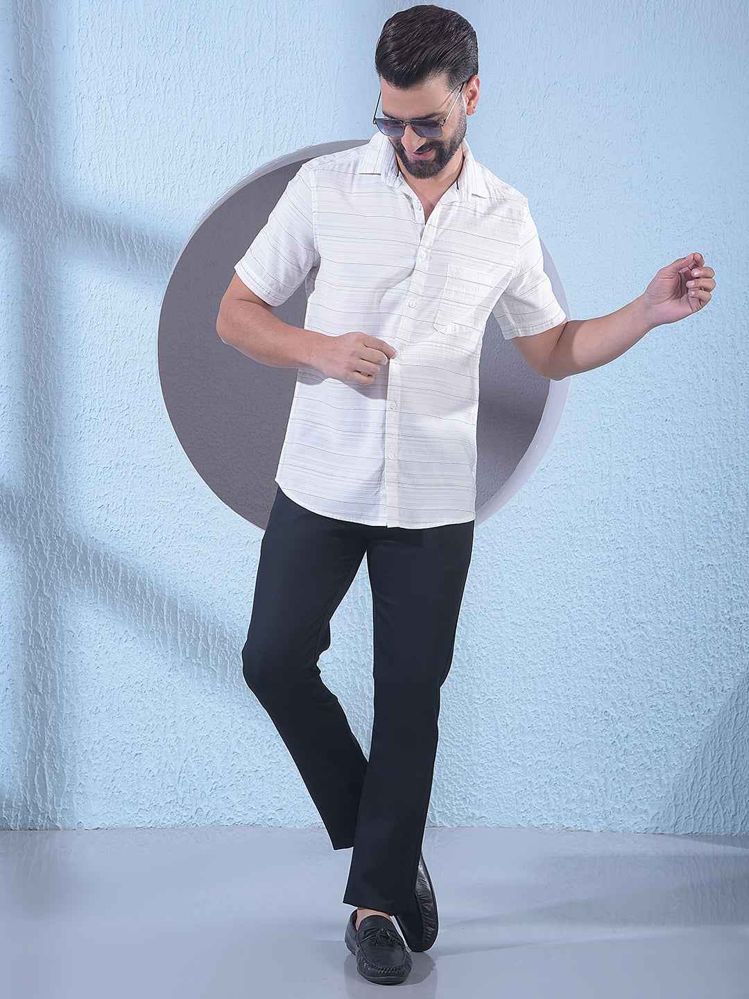 White Horizontal Stripes 100% Cotton Shirt