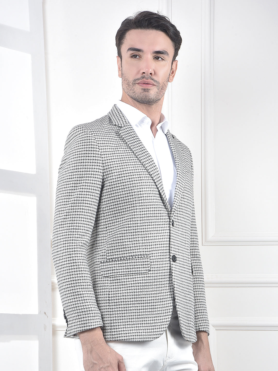 Grey Micro-Check Single-Breasted Blazer