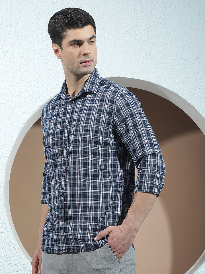 Navy Blue 100% Cotton Checked Shirt