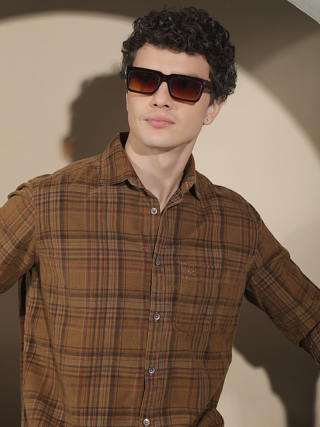 Brown Checked 100% Cotton Corduroy Shirt