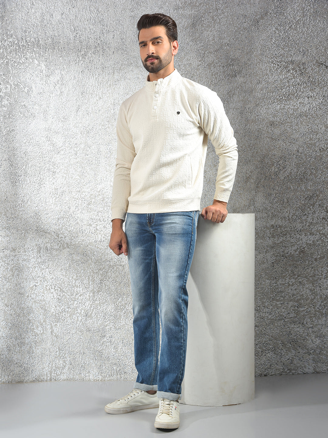 Cream Embossed Polo Sweatshirt