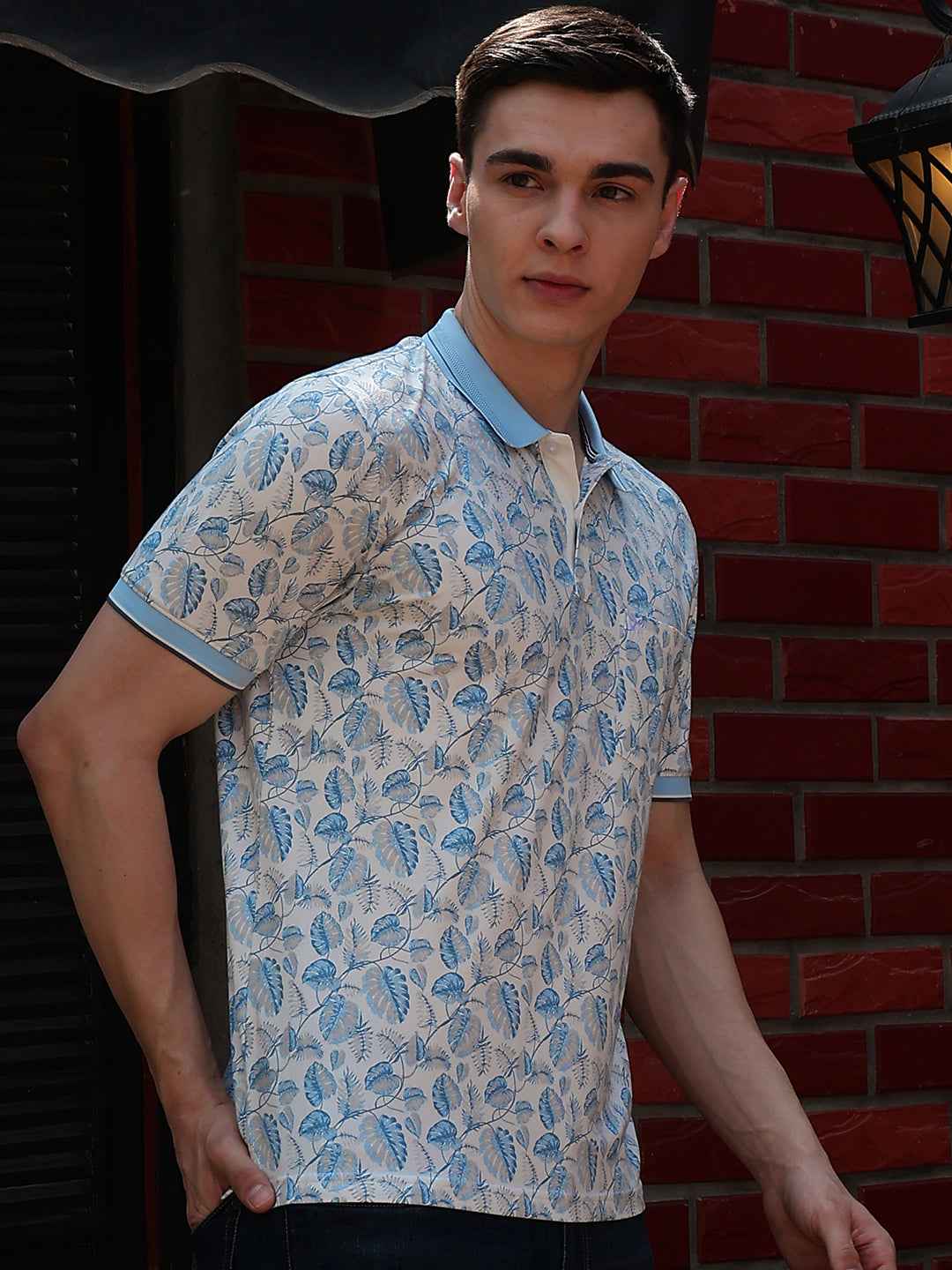Blue Floral Print Polo Neck T-Shirt