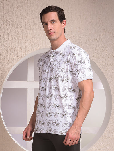 White Floral Print Polo Neck T-Shirt