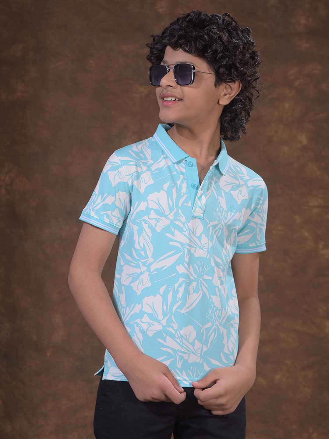 Blue Printed Polo Neck T-Shirt