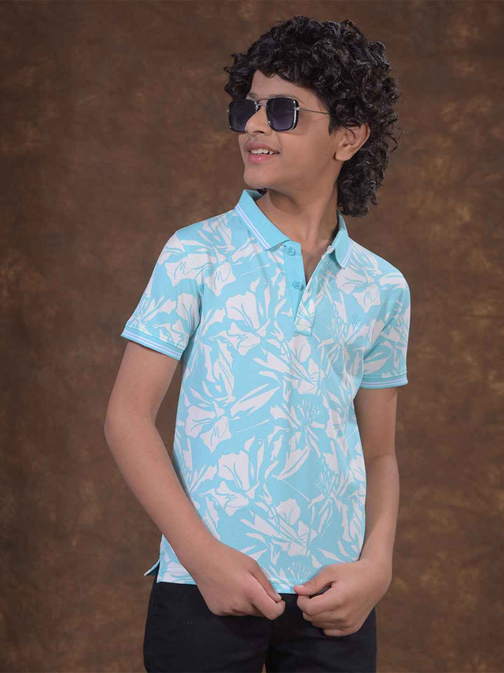Blue Printed Polo Neck T-Shirt