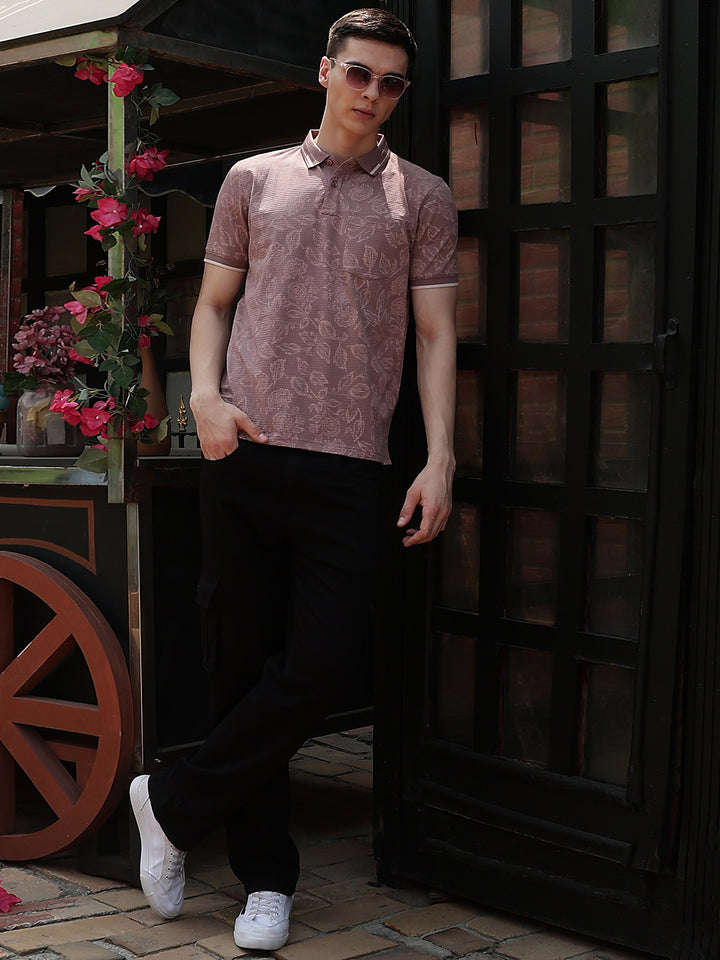 Purple Floral Print Polo Neck T-Shirt