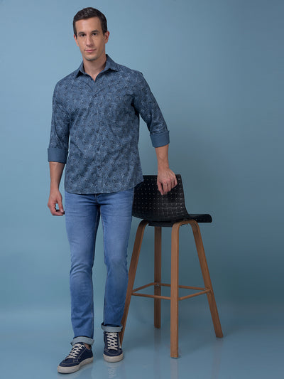Blue Floral Print 100% Cotton Shirt