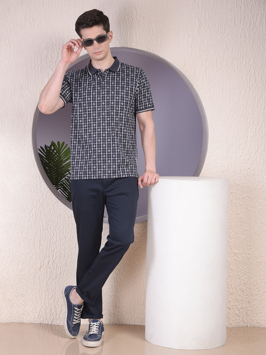 Navy Blue Printed Polo-Neck T-Shirt