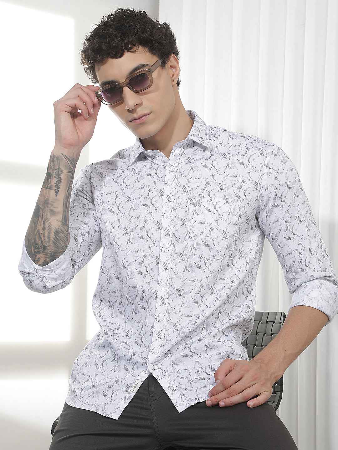 White Abstract Print 100% Cotton Shirt
