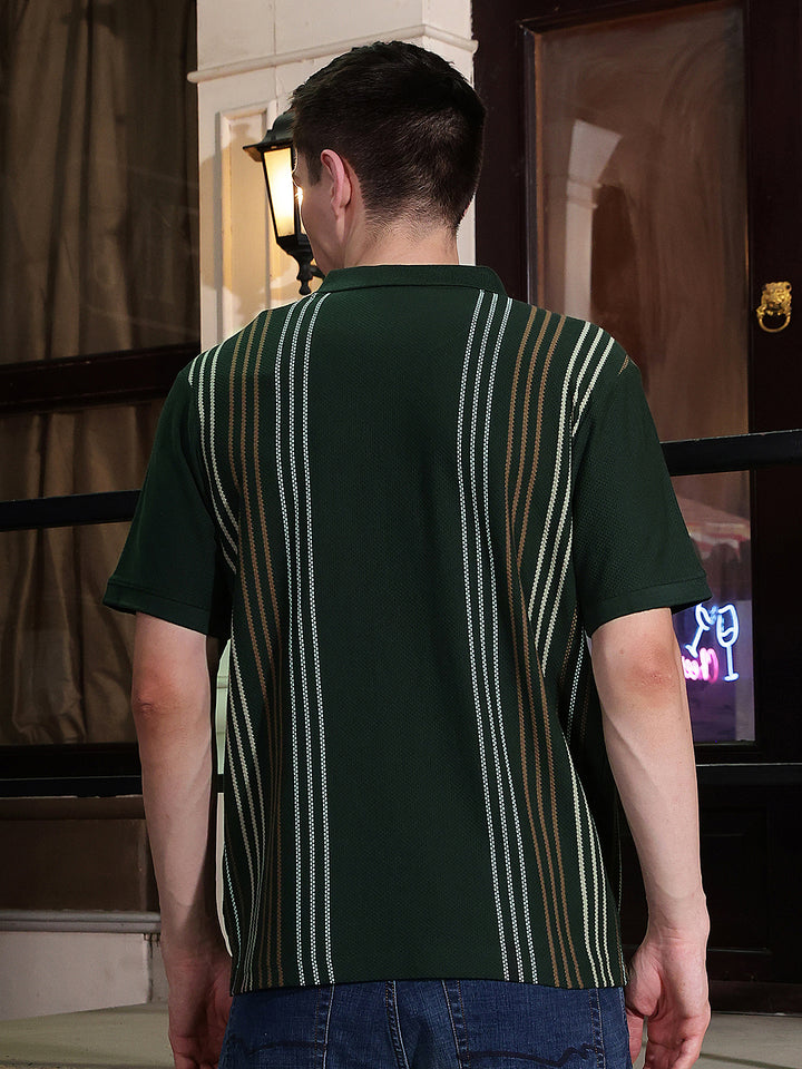 Olive Vertical Stripes Polo Neck T-Shirt