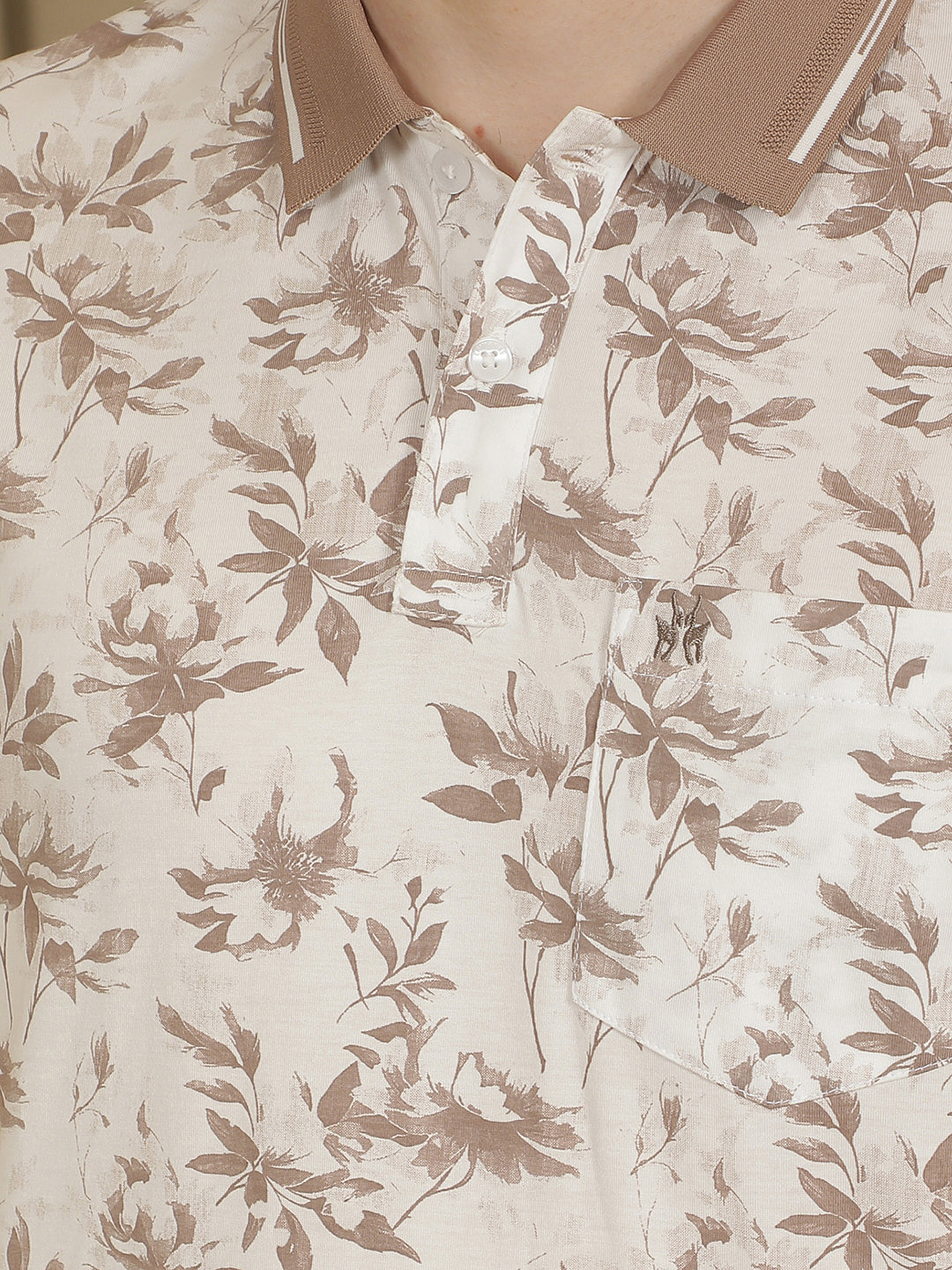 Brown Floral Print Polo Neck T-Shirt