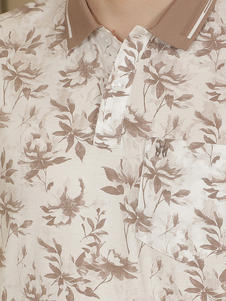 Brown Floral Print Polo Neck T-Shirt