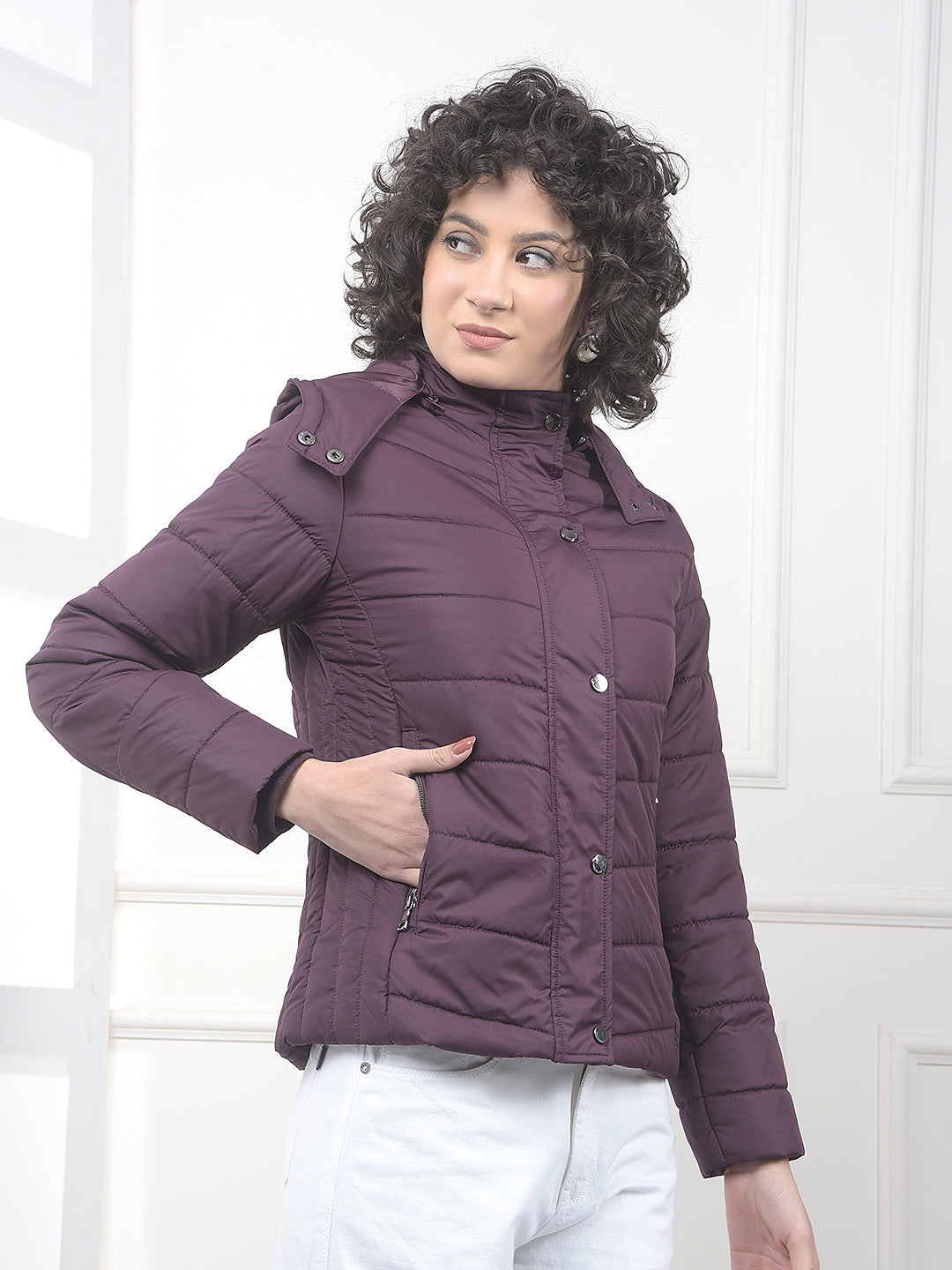 Wine Hooded Neck Puffer Jacket