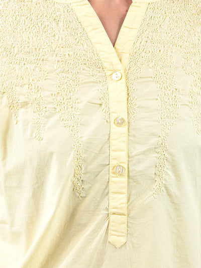 Yellow Embroidered V-Neck 100% Cotton Top