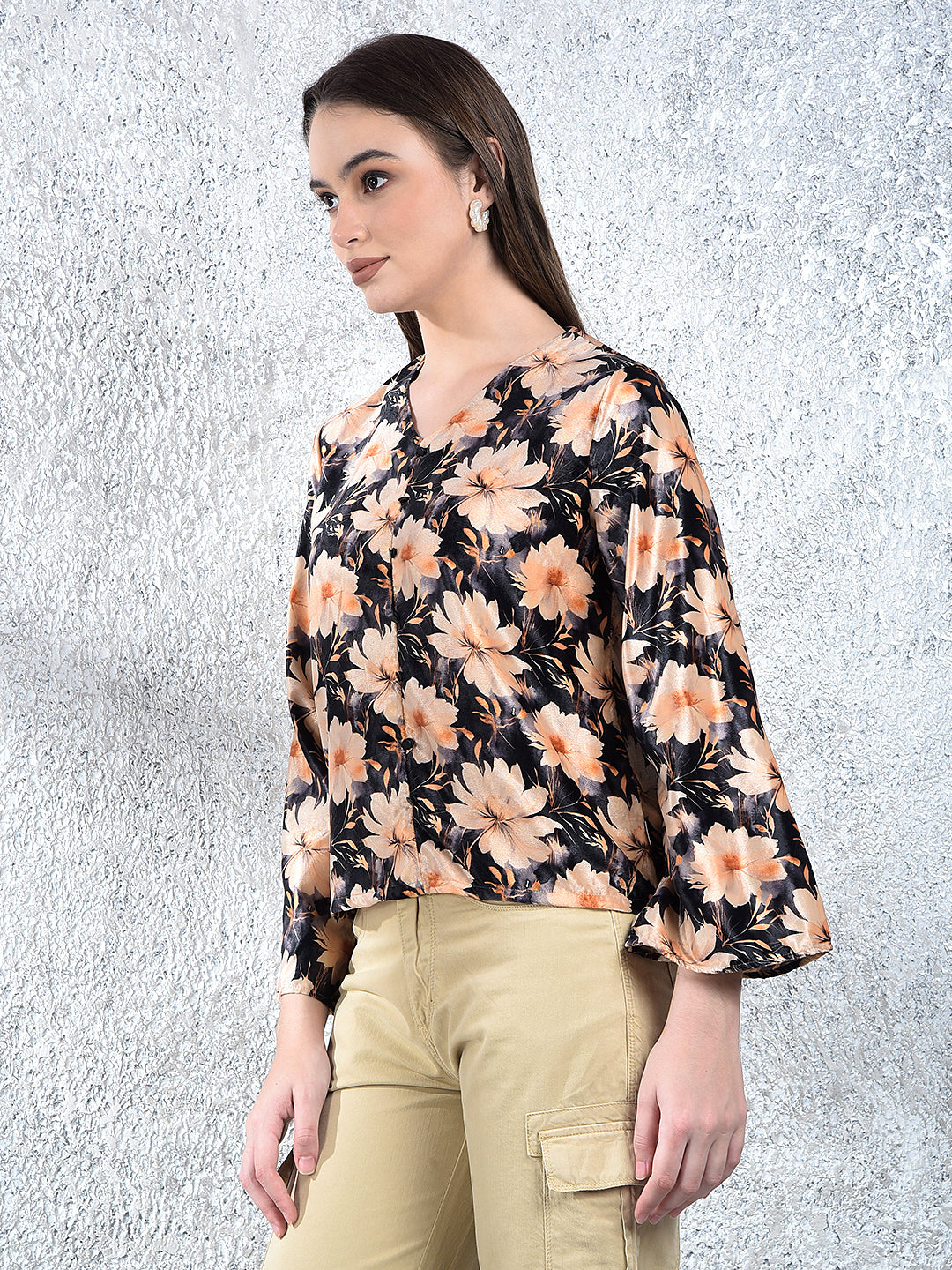 Peach Floral Print V-Neck Top