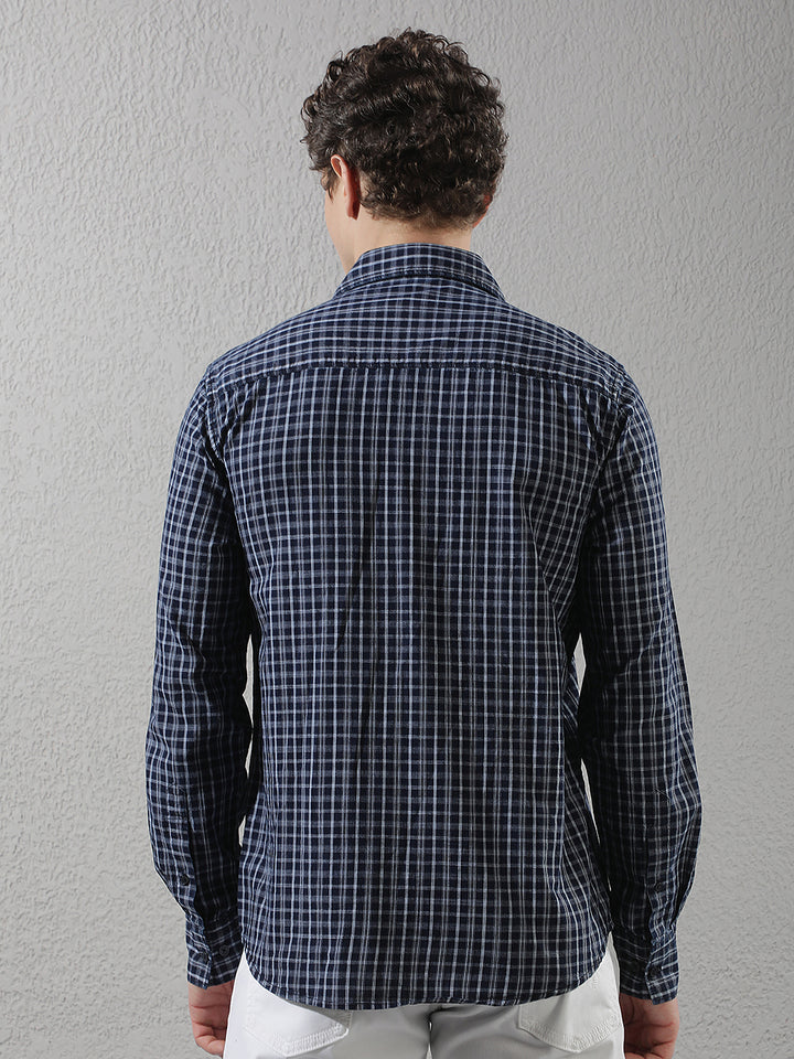 Navy Blue 100% Cotton Checked Shirt
