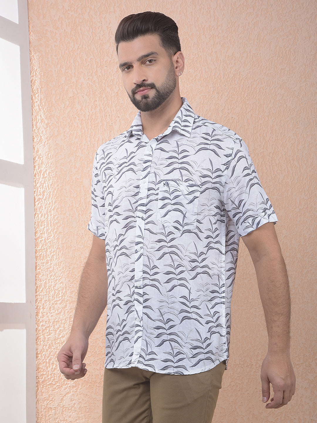 Off White Floral Print Linen Shirt