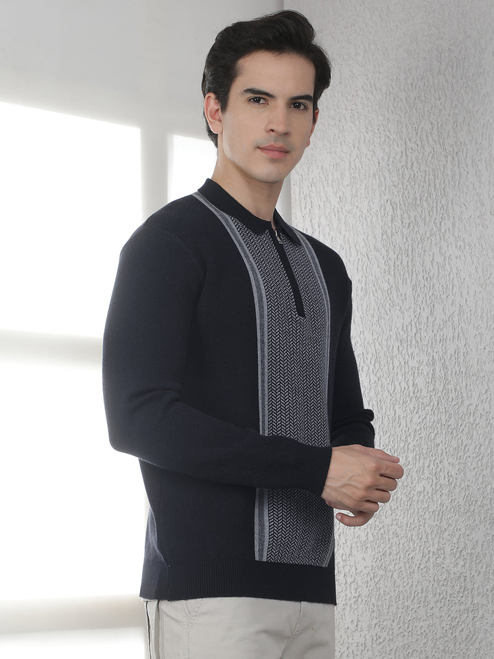 Black Verical Stripes Polo Sweater
