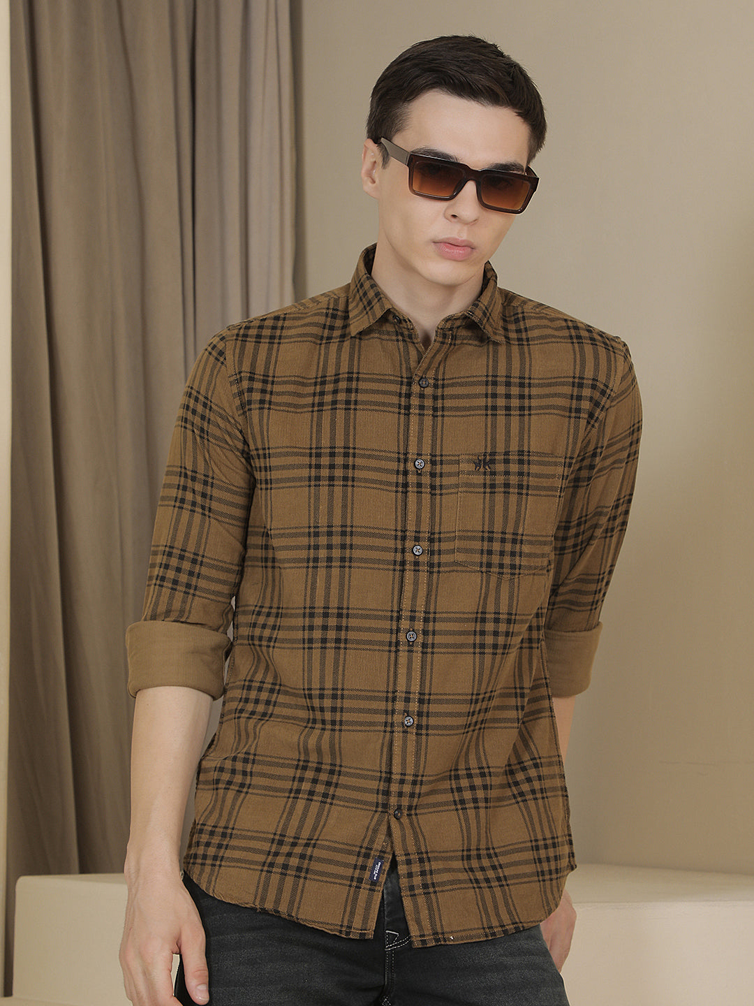 Brown Checked 100% Cotton Corduroy Shirt