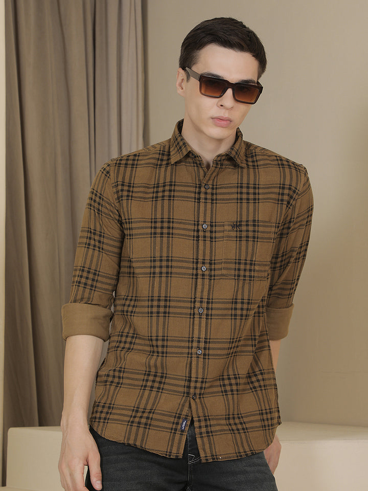 Brown Checked 100% Cotton Corduroy Shirt